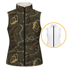 Olive reversible quilted equestrian vest with stirrup and chain print and black center zipper