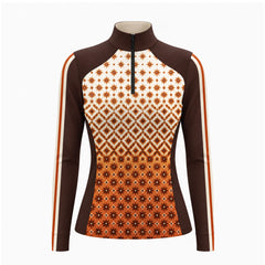 Flat studio front view of the orange color block long sleeve quarter zip riding top