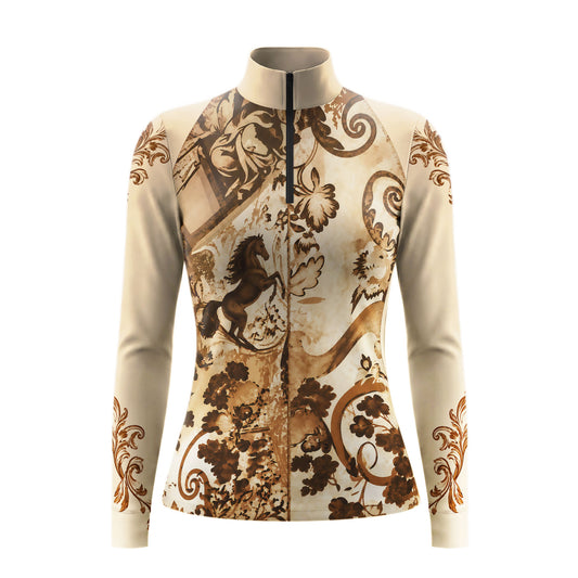 Long sleeve quarter zip riding top in light beige with a rearing dark brown horse and brown floral print on the front