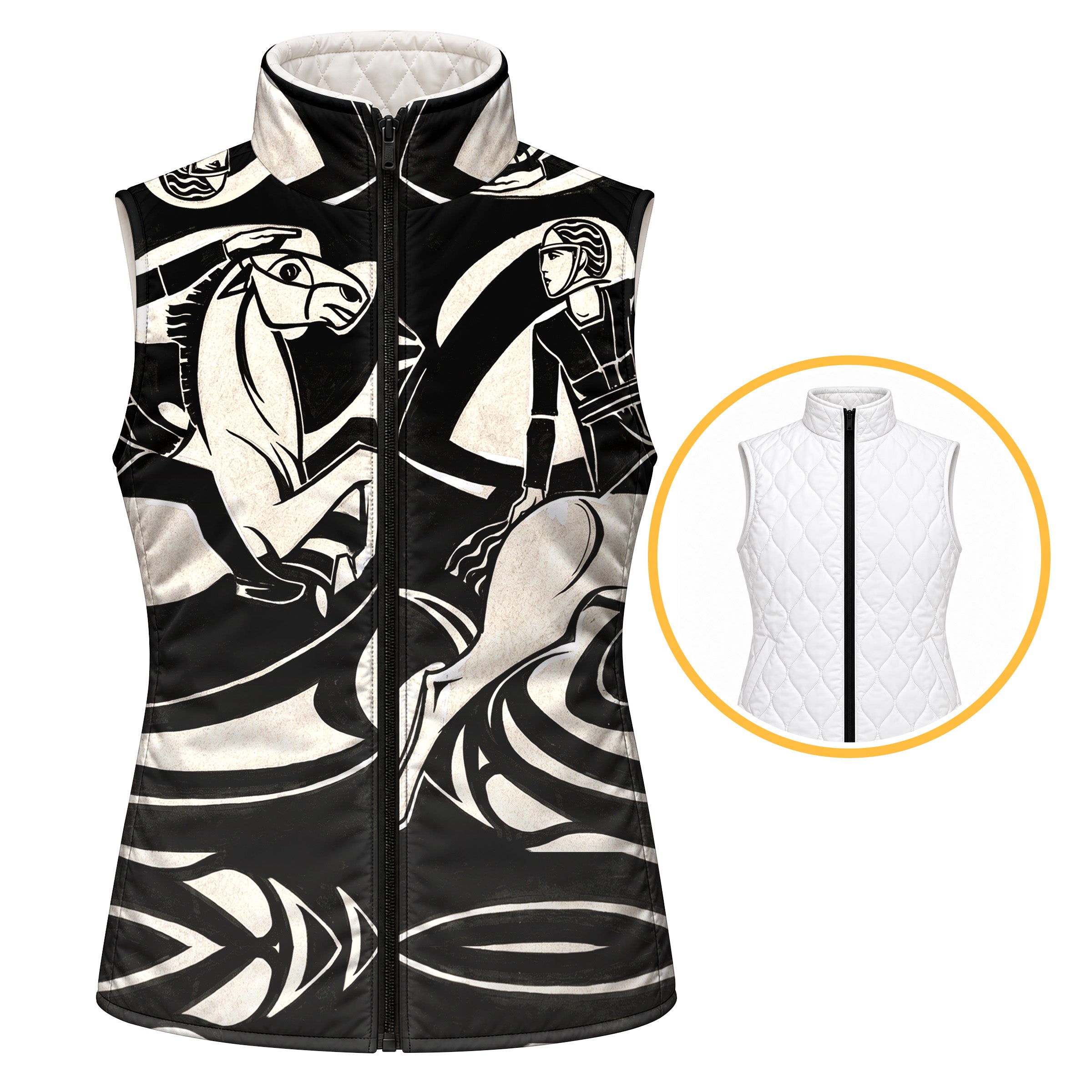 Black reversible quilted equestrian vest with off white horse and rider print, full length zipper, and standing collar