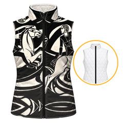Black reversible quilted equestrian vest with off white horse and rider print, full length zipper, and standing collar