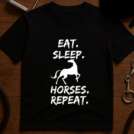 Black equestrian "Eat Sleep Horses Repeat" print cotton t-shirt, front view casual horse tee