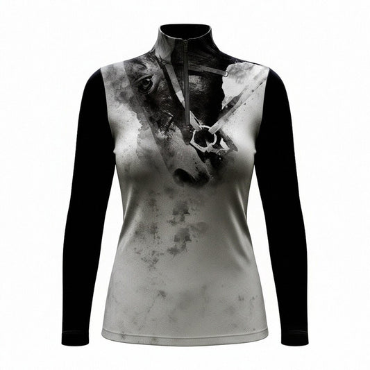 Ink wash horse head equestrian quarter-zip riding top, front view isolated on white background