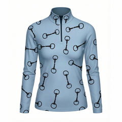 Light blue equestrian bit silhouette art print long sleeve zip top, front view slim fit riding top