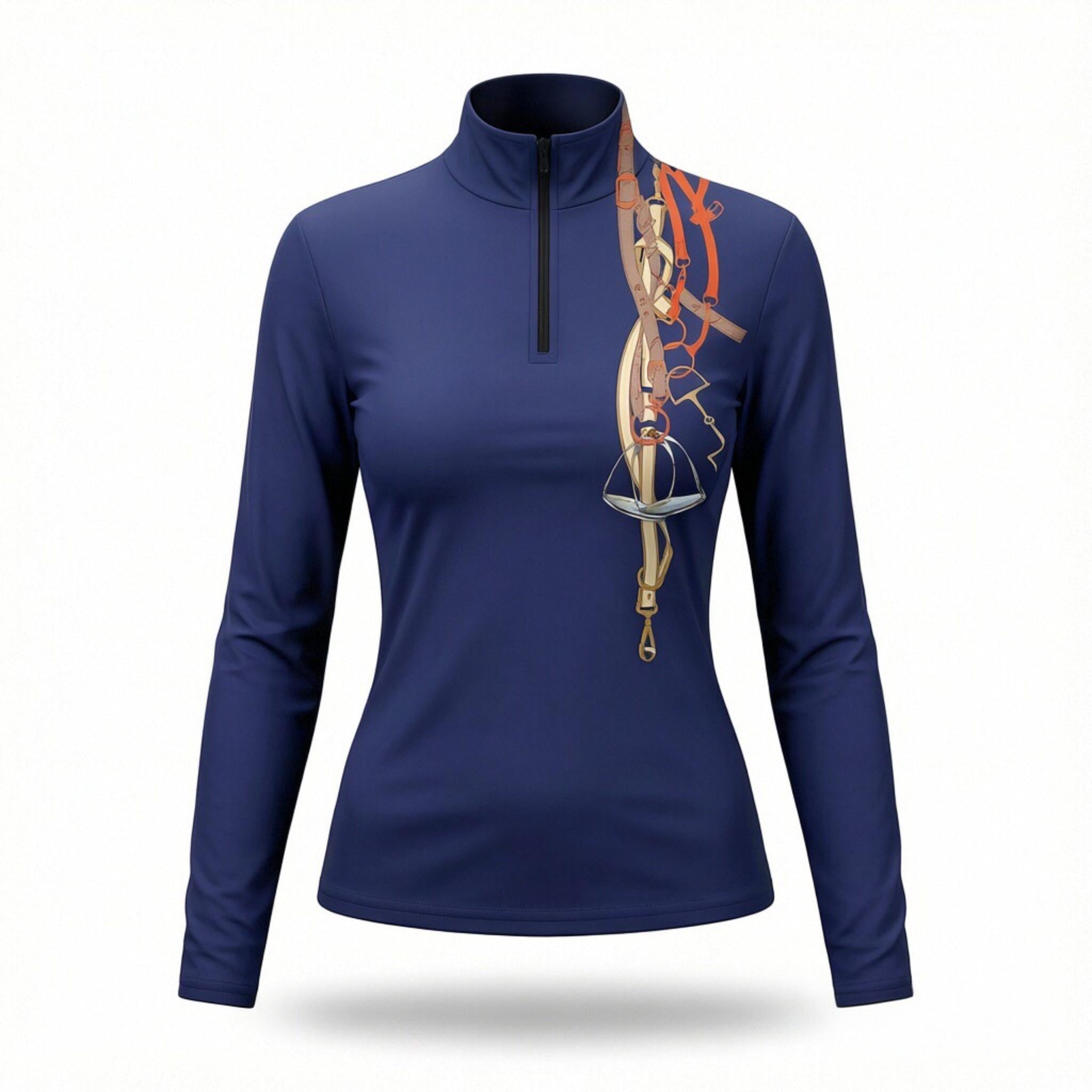 Navy equestrian tack bouquet print quarter-zip riding top, front view studio product shot for RiderAtelier