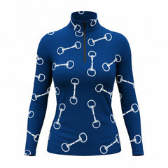 Navy blue equestrian white snaffle bit allover print quarter-zip riding top, front view isolated on white background