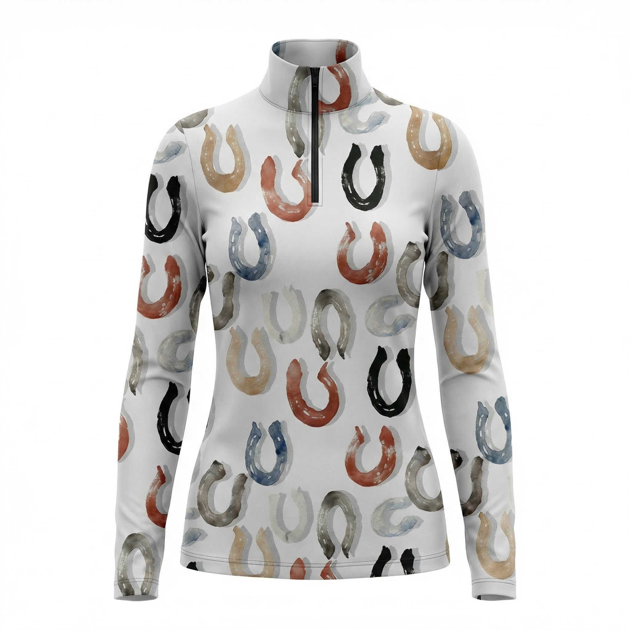 White watercolor horseshoe equestrian quarter-zip top, front view isolated on white background