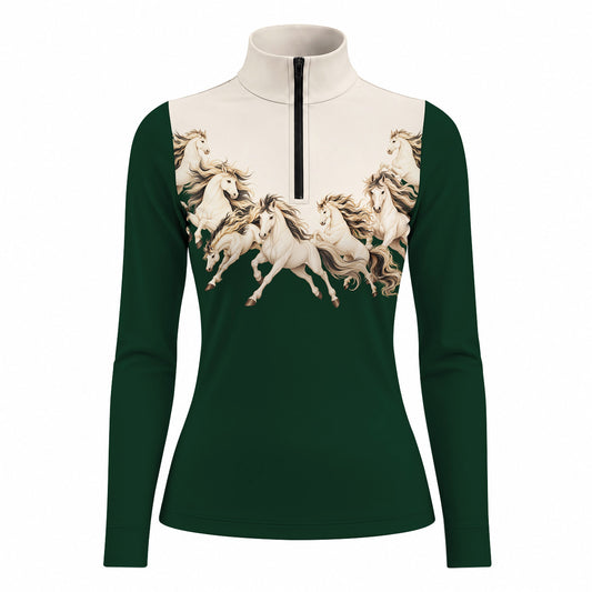 Long sleeve quarter zip riding top in green and off white with seven running white horses printed across the front
