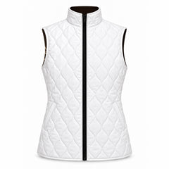 White quilted reverse side of a reversible vest with on point diamond stitching and two angled side entry pockets