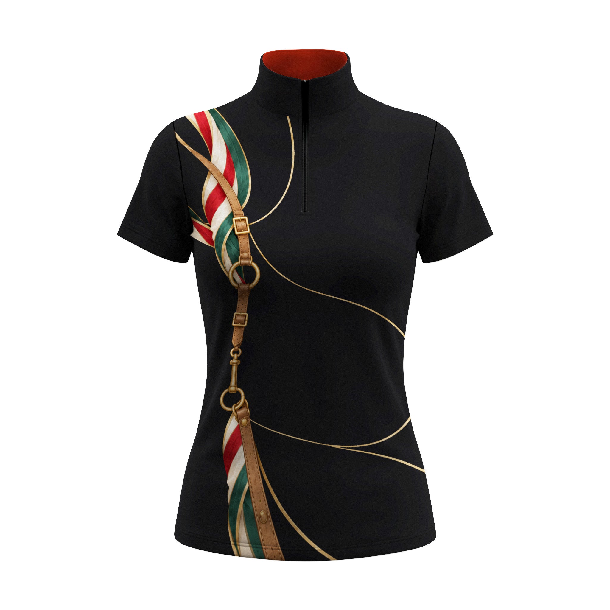 Black short sleeve quarter zip riding top with a vertical tack print on the wearer's right side and a reddish orange collar lining