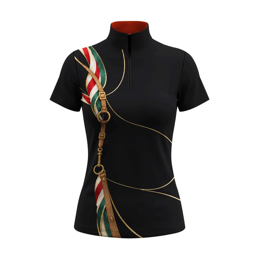Black short sleeve quarter zip riding top with a vertical tack print on the wearer's right side and a reddish orange collar lining