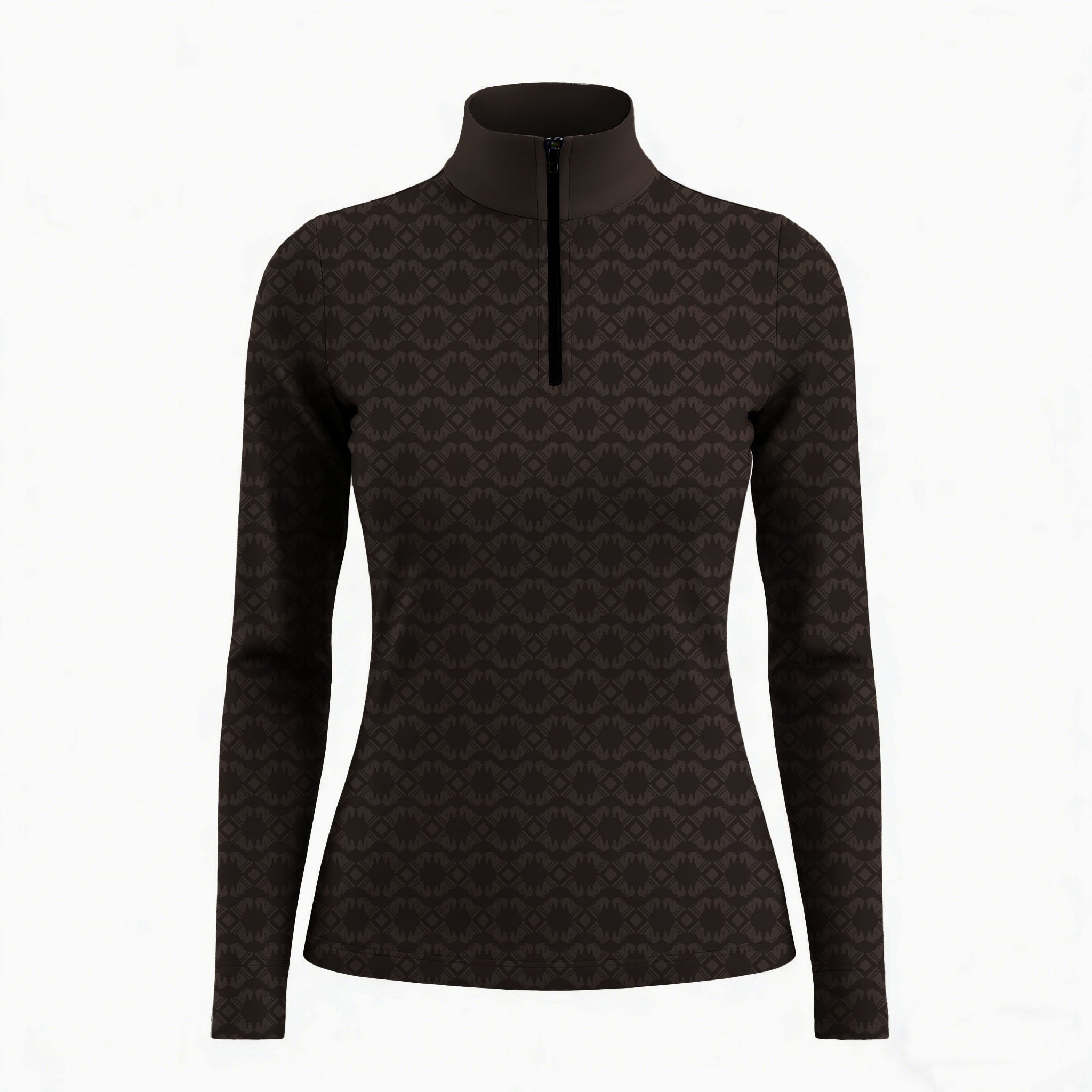 Brown long sleeve quarter zip riding top with tonal geometric print