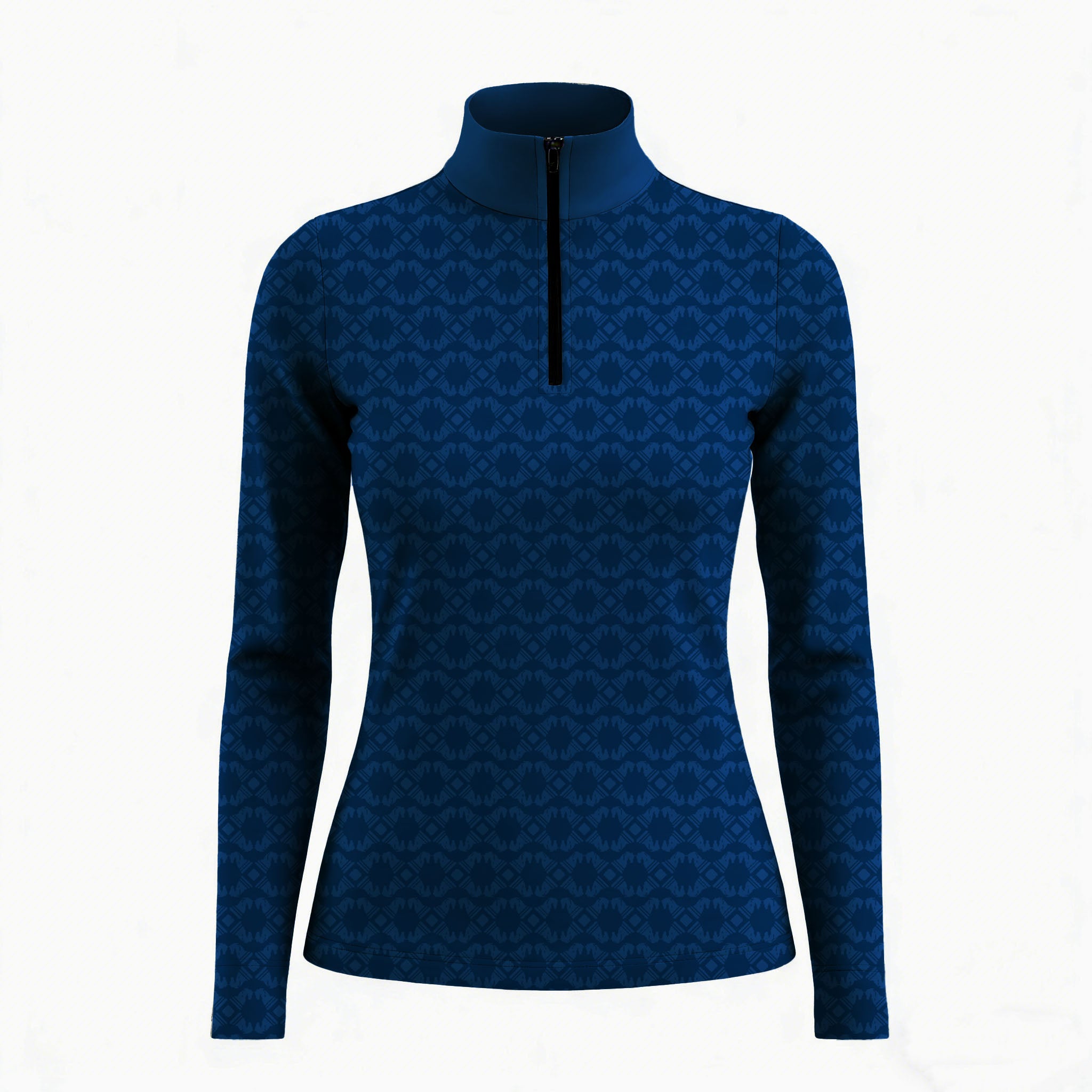 Navy blue long sleeve quarter zip riding top with tonal geometric print