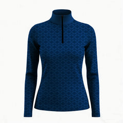 Navy blue long sleeve quarter zip riding top with tonal geometric print
