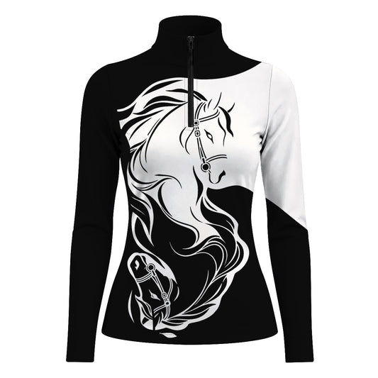 Long sleeve quarter zip riding top with black and white color blocking and a two horse head print on the front