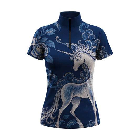 Navy short sleeve quarter zip riding top with white unicorn and blue floral print on the front