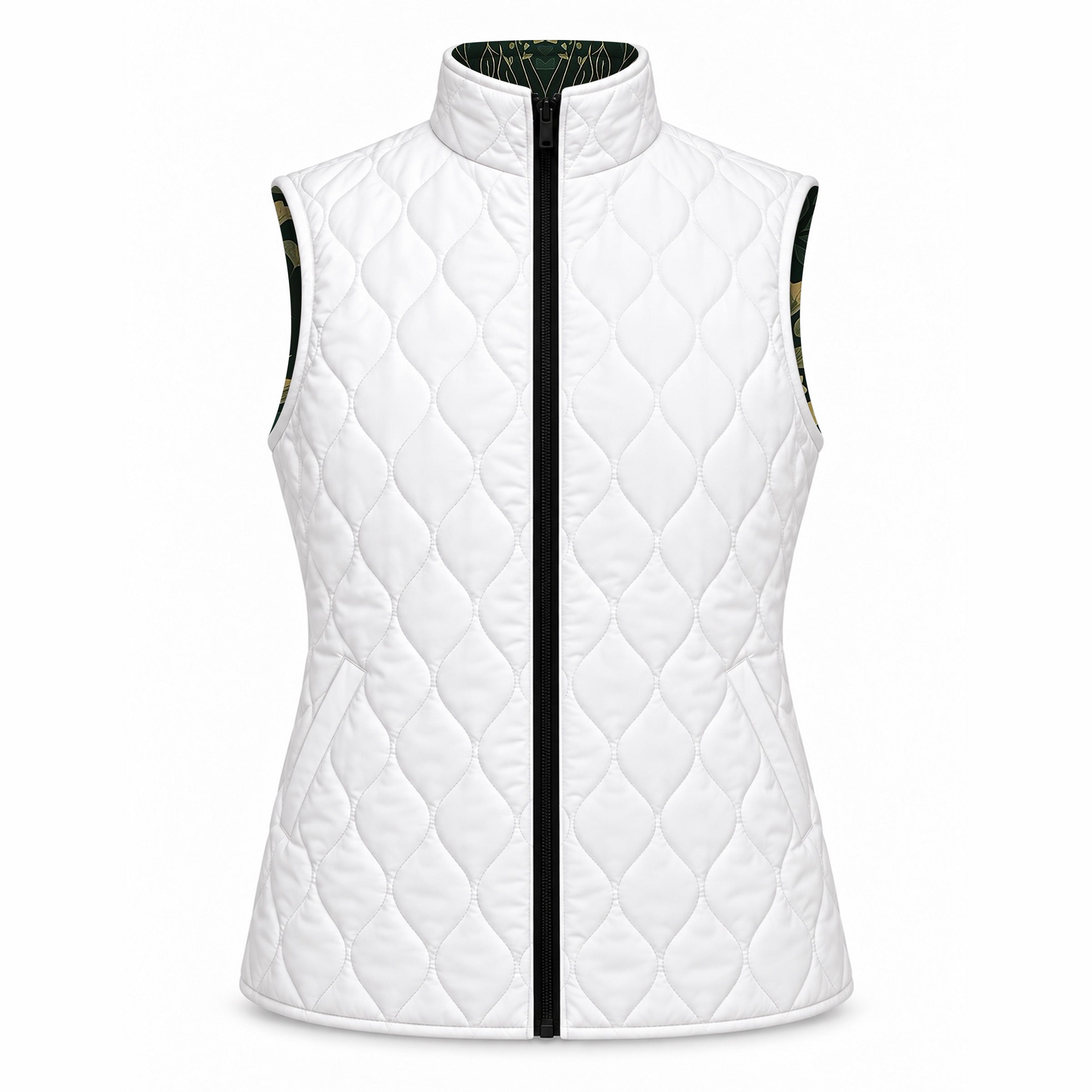 Solid white diamond quilted side of the reversible vest showing two diagonal side entry pockets on the lower front