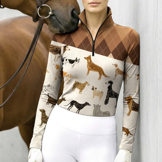 Argyle & Pups – The Multi-Breed Dog Print Top for Horse Lovers Who Love Dogs Too