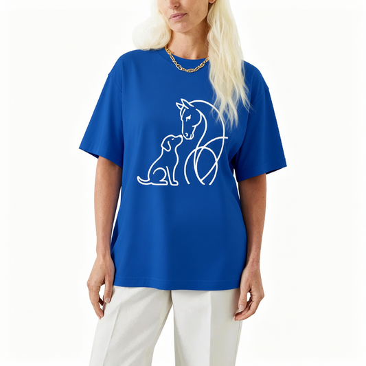 Black Horse and Dog Line Art Short Sleeve Equestrian T Shirt
