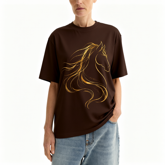 Black Short Sleeve Gold Line Art Horse Equestrian Cotton T Shirt