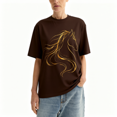 Black Short Sleeve Gold Line Art Horse Equestrian Cotton T Shirt