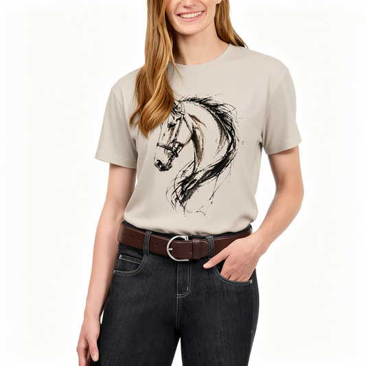 Black Short Sleeve Brushstroke Horse Head Equestrian Cotton T Shirt