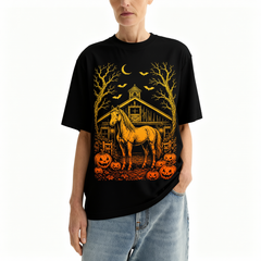 Black Halloween Horse Barn Pumpkin Short Sleeve Equestrian T Shirt
