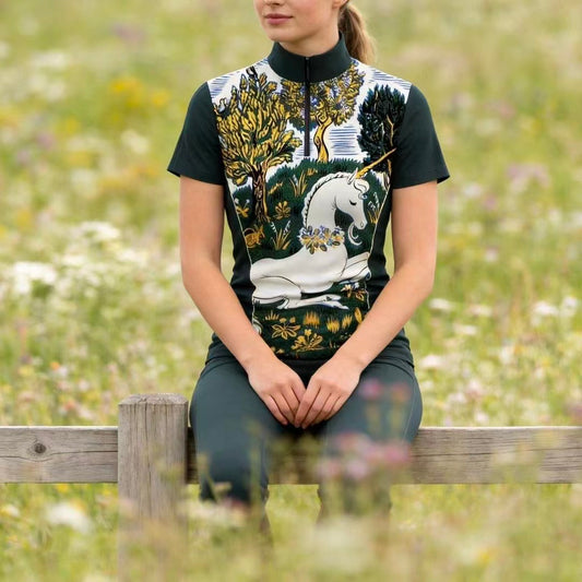 Medieval Unicorn Tapestry Print Short-Sleeve Quarter-Zip Riding Top