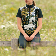 Medieval Unicorn Tapestry Print Short-Sleeve Quarter-Zip Riding Top