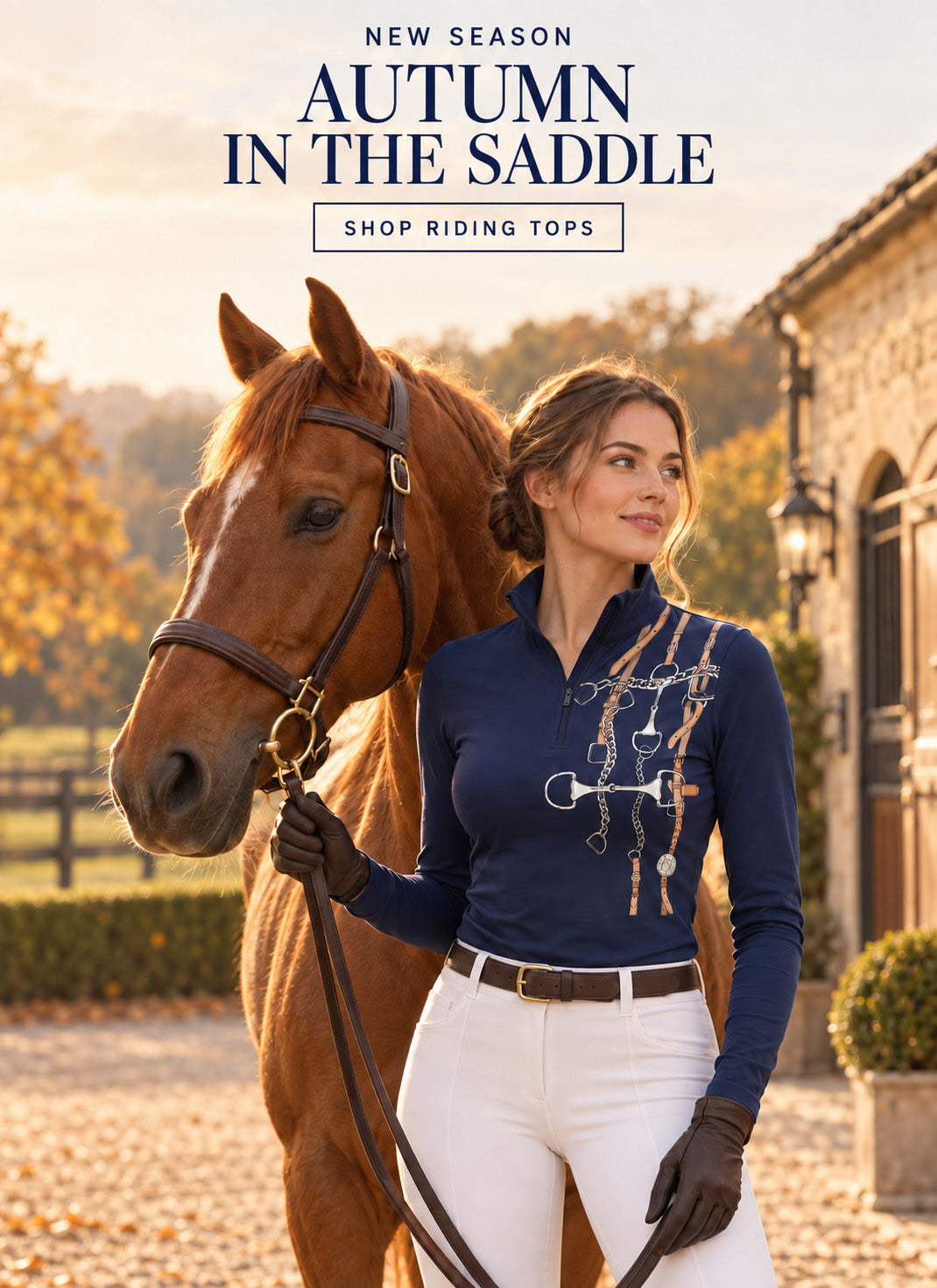 RiderAtelier equestrian riding top, styled beside a horse