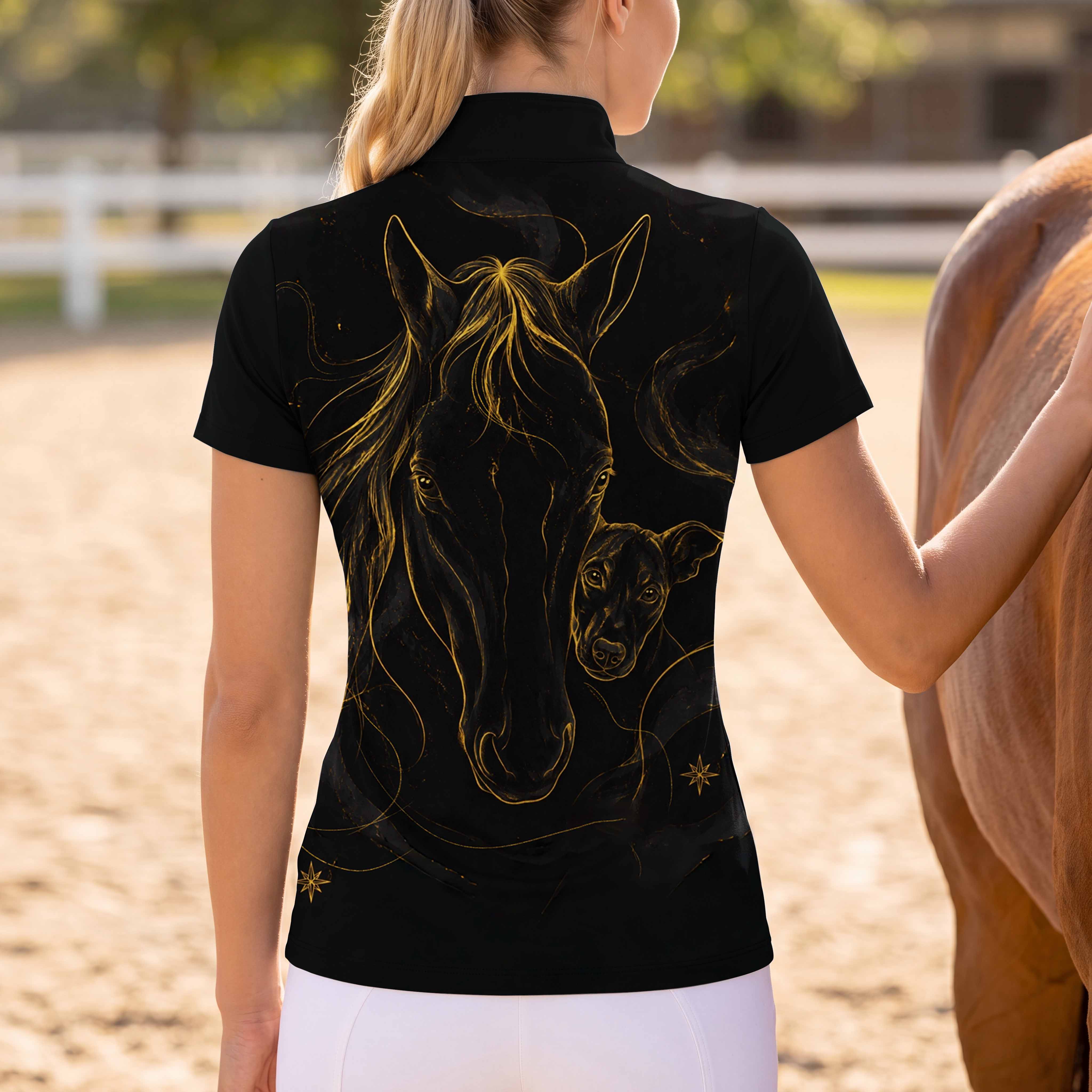Back‑view outdoor arena shot of female rider next to brown horse showing full back golden horse‑whippet celestial‑star sketch print on black short‑sleeve riding top