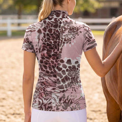 Dusty Pink Mixed Animal Print Floral Horseshoe Graphic Short-Sleeve Quarter-Zip Riding Top