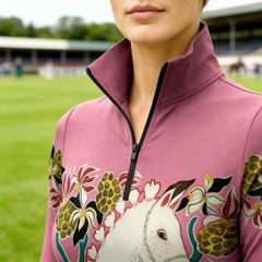 RIDER ATELIER Artisan Dala Horse Equestrian Quarter-Zip Top | Dusty Rose Riding Shirt