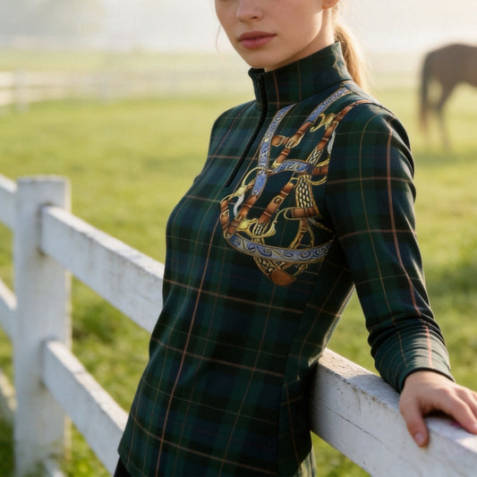 RIDER ATELIER Plaid Equestrian Snaffle Bit Equestrian Quarter-Zip Top | Green Plaid Riding Shirt