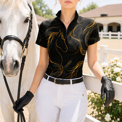 RIDER ATELIER Black Gold Abstract Horse Line Art Short-Sleeve Quarter-Zip Riding Top