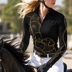 Black Gold Line Art Horse And Golden Retriever Bridle Reins Full Print Long-Sleeve Quarter-Zip Riding Top