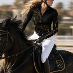 Black Gold Line Art Horse And Golden Retriever Bridle Reins Full Print Long-Sleeve Quarter-Zip Riding Top