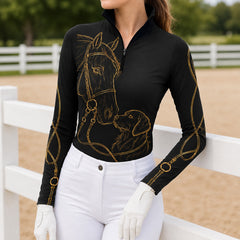 Black Gold Line Art Horse And Golden Retriever Bridle Reins Full Print Long-Sleeve Quarter-Zip Riding Top