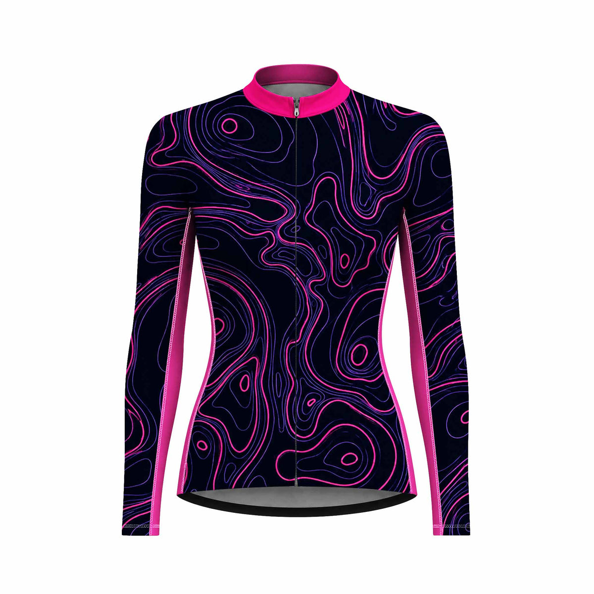 Women Long Sleeve Black Neon Pink Purple Topographic Contour Line Cycling Jersey Full Zip Bike Top