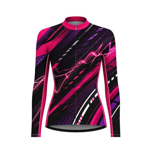 Women Long Sleeve Black Neon Pink Lightning Geometric Racing Cycling Jersey Full Zip Bike Top