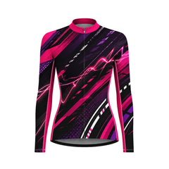 Women Long Sleeve Black Neon Pink Lightning Geometric Racing Cycling Jersey Full Zip Bike Top