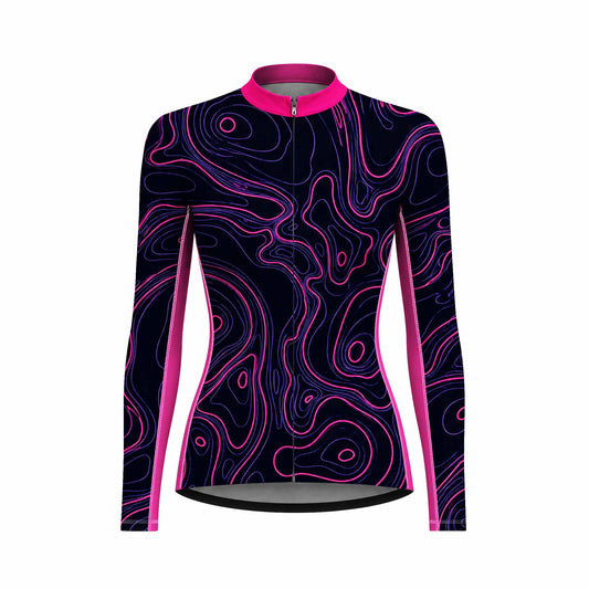 Women Long Sleeve Black Neon Pink Purple Topographic Contour Line Cycling Jersey Full Zip Bike Top