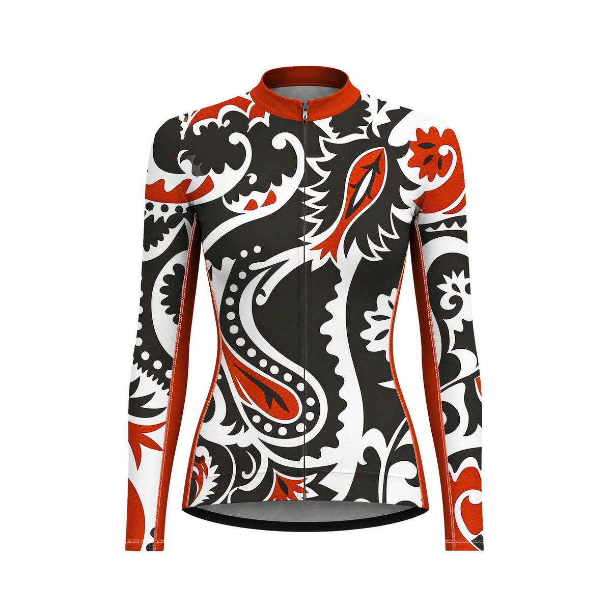 Women Long Sleeve Black White Rust Paisley Floral Cycling Jersey Full Zip Bike Top