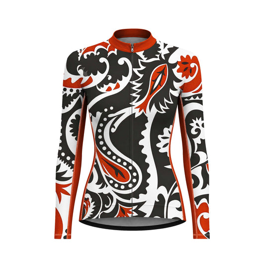Women Long Sleeve Black White Rust Paisley Floral Cycling Jersey Full Zip Bike Top