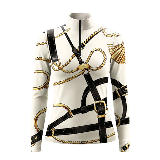 RIDER ATELIER Equestrian Bridle Print Long-Sleeve Quarter-Zip Riding Top