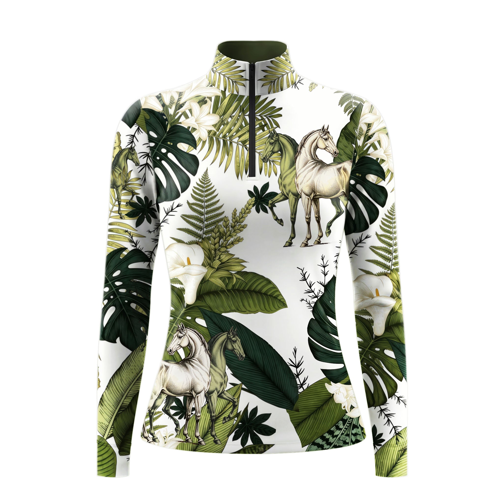 Studio white‑background product mockup of women’s tropical botanical vintage‑horse print long‑sleeve quarter‑zip riding top