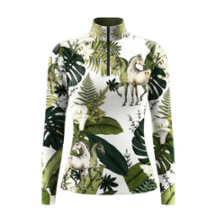 Studio white‑background product mockup of women’s tropical botanical vintage‑horse print long‑sleeve quarter‑zip riding top