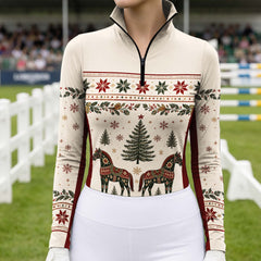Festive Nordic Christmas Dala Horse Print Color‑Block Long‑Sleeve Quarter‑Zip Riding Top