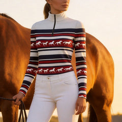 Multi‑Color Stripe Galloping Horse Silhouette Print Long‑Sleeve Quarter‑Zip Riding Top