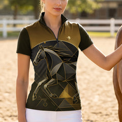 RIDER ATELIER Black & Gold Geometric Horse Print Short-Sleeve Quarter-Zip Riding Top
